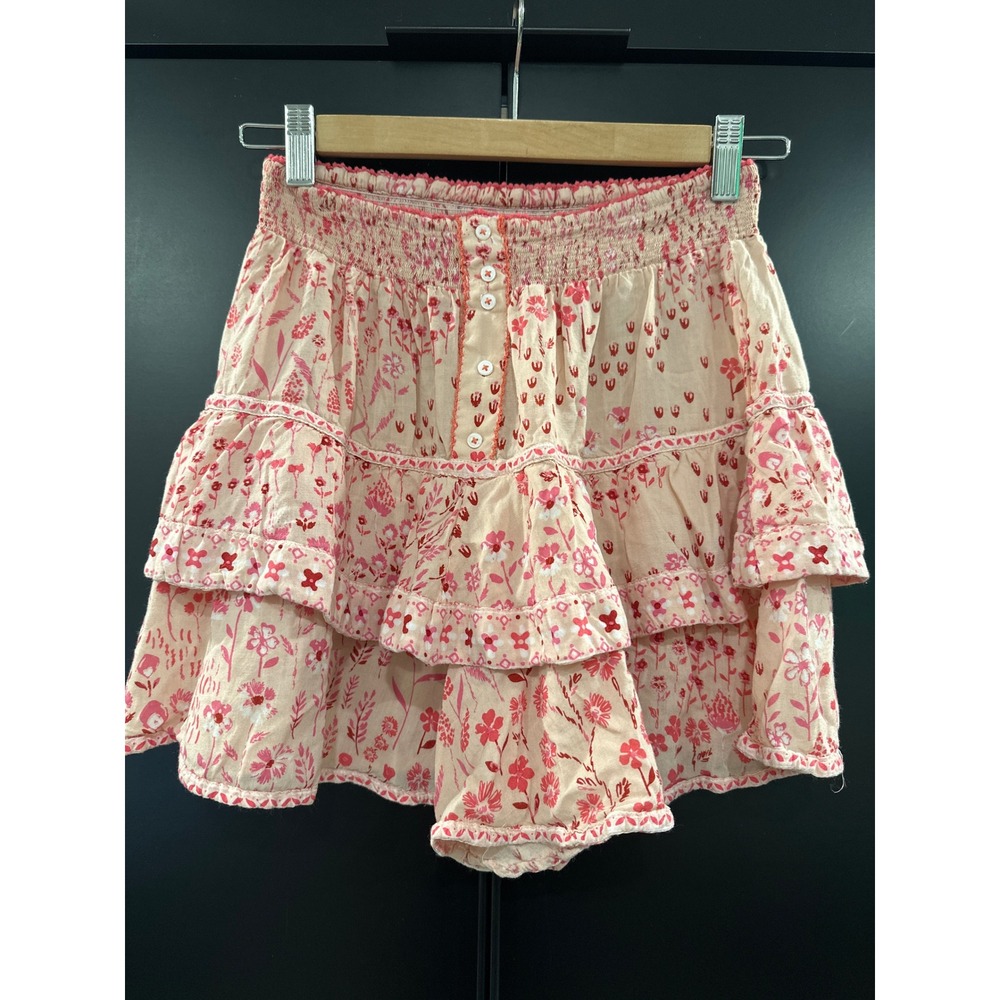 Poupette‎ St Barth Pink Floral Smocked Tiered Ruffle Shorts XS Boho Resortwear